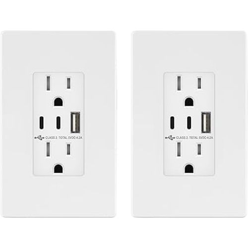 TOPGREENER 4.2A 3-Port Type C USB Outlet, 15 Amp Receptacle Plug, Charging Power Outlet with Dual Type C&A Ports, Screwless Wall Plate Included, UL Listed, TU21542AC2-WSID, White, 2 Pack