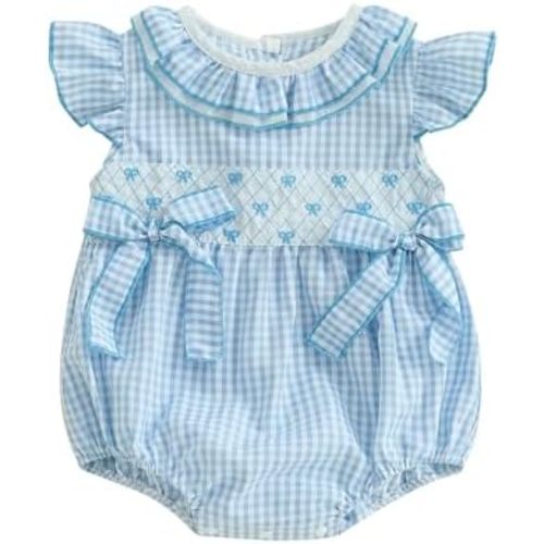 Newborn Baby Girl Summer Outfit Bow Smocked Bubble Romper Doll Collar Plaid Bodysuit Fly Sleeve Jumpsuit Clothes