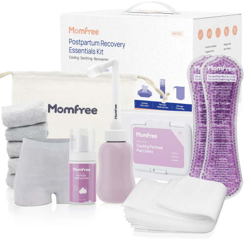Momfree Postpartum Essentials Recovery Kit: Labor Delivery Post Partum 7 Pack Recovery Mom Care Set - Upside Down Peri Bottle,XL Disposable Underwear,Soothing Pads,Perineal Healing Foam,Canvas Bag