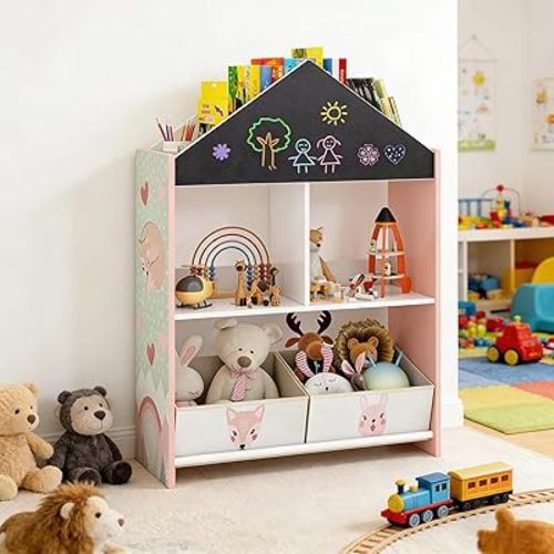 Costzon Kids Dollhouse Bookshelf w/Blackborad, Wooden Bookcase w/Cubby & 2 Fabric Bins, Toddler Book Shelf and Toy Storage Organizer for Kids Room, Playroom, Nursery (Pink)