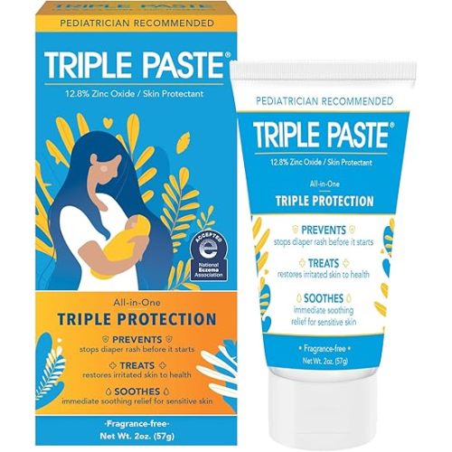 Triple Paste Diaper Rash Cream for Baby - 3 oz Tube – Zinc Oxide Ointment Treats, Soothes & Prevents Diaper Rash, Pediatrician-Recommended Hypoallergenic Formula, Baby Essentials for Daily & Overnight