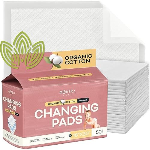 Organic Cotton Disposable Changing Pad Liners | XL-Large (30x18) Hypoallergenic Super Soft Ultra Absorbent & Waterproof Quilted Underpads for Baby Diaper Table & Travel, Leak Proof, Mess Free, 50-Pack
