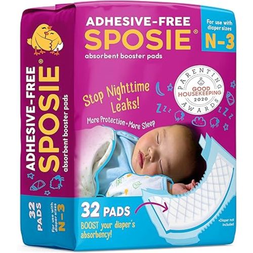 Sposie Booster Pads, Stop Overnight Diaper Leaks, Fits sizes Newborn 1 2 3, No Adhesive for Sensitive Skin, 32 ct