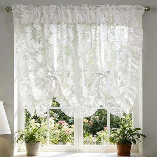 Victorian White Flower Sheer Tie Up Balloon Curtain with Romantic Ruffles Curtain Topper for Kitchen Liftable Tier Roman Blind for Small Window Cafe Rod Pocket 1PC (White,W39xH39 inch)