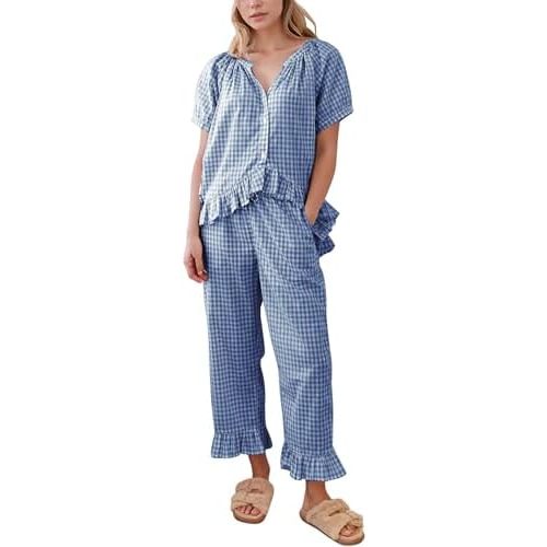 Flygo Womens Plaid 2 Piece Pajamas Sets Gingham Button Down Puff Sleeve Babydoll Shirt Ruffle Pants Y2K Pjs Lounge Set