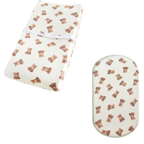 LifeTree Muslin 1 Pack Changing Pad Cover and 1 Pack Bassinet Sheet, 70% Viscose from Bamboo and 30% Cotton, Bear Pattern