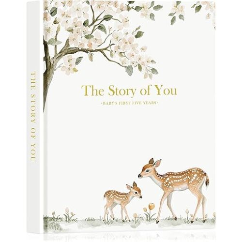 Lanpn Baby Memory Book for Boy Girl - The Story of You, Newborn Babys Keepsake Book Photo Album for New Parents, Leather Cover Baby First 5 Year Milestone Journal Scrapbook (154 Pages)