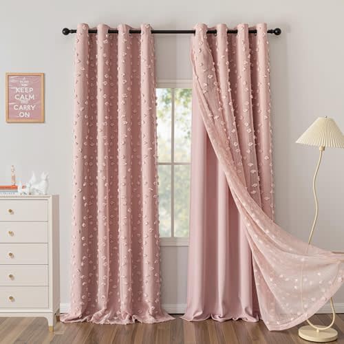 MYSKY HOME Pink Curtains for Girls Bedroom 84 Inches Long Blackout Nursery Curtains Double Layer Pink Pom Pom Sheer Overlay for Kids Toddler Grommet Privacy Room Darkening Window Drapes 52" x 84"