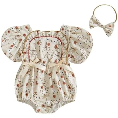 Newborn Baby Girls Summer Outfits Floral Bow Short Sleeve Smocked Bubble Rmper Jumpsuit Bodysuit Boho Clothes