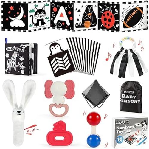 URMYWO 10 Pcs High Contrast Black and White Baby Toys for Newborn, Tummy Time Mirror, Rattle, Teether, Visual Stimulation Learning Cards, Sensory Toys for 0-6 Months, Baby Boy Girl Valentines Gifts