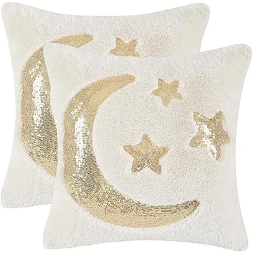 Holibeat White Moon Star Sequins Pillow Covers Fur Cushion Covers 18x18 inch Sequins DecorationThrow Pillow Cases (Pack of 2)