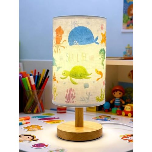 Kids Table Lamp for Bedroom Nightstand, Gift for Boys-3Color LED Bedside Reading Night Light whit Ocean Shade and Wood Base Christmas Decor Ocean Lamps for Kids Room, Living, Nursery for Sea Lovers