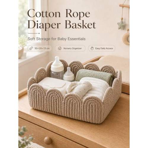 A Rectangular Woven Storage Basket With Wavy Arched Lace Trim, Featuring Soft, Rounded Edges To Protect Baby Items. Ideal For Organizing And Storing Baby Diapers, Wipes, Bottles, And Changing Table Supplies. | SHEIN USA