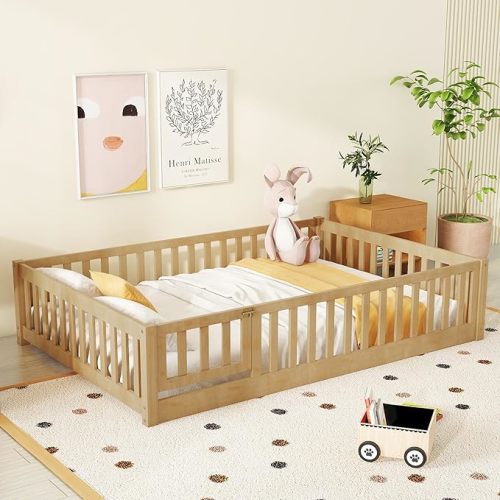 Bellemave Full Size Floor Bed Frame with Slats and Fence for Kids,Solid Wood Montessori Floor Bed with Door and Safety Guardrails for Girls Boys,Natural