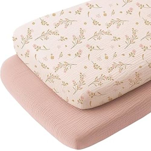 Konssy Muslin Fitted Bassinet Sheets 2 Pack for Baby Girl Boy, Soft Bedside Sleeper Bassinet Sheets Fit for Baby Bassinets, Moses Basket Oval Rectangle Pad/Mattress