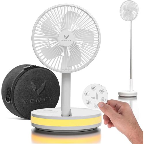 VENTY Portable Fan, Battery Operated & Rechargeable Fan with 48Hr Runtime, Remote, 4 Speeds, LED Light, USB-C, Cordless Travel & Camping Fan with Carry Case