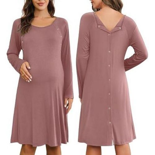 Ekouaer Women Maternity Nightgown Labor Delivery Nursing Gown Hospital Breastfeeding Dress Button Down Long Sleeve Sleepwear Dusty Pink L