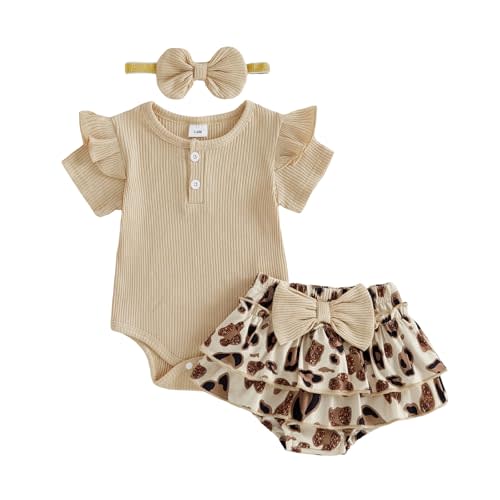fhutpw Newborn Baby Girl Clothes Ribbed Romper Top Leopard Ruffle Shorts | Infant Girl Summer Outfits 0 3 6 9 12 18 Months Clothing Set, Letter Print, Bow Headband, Soft Cotton, Cute Baby Clothes