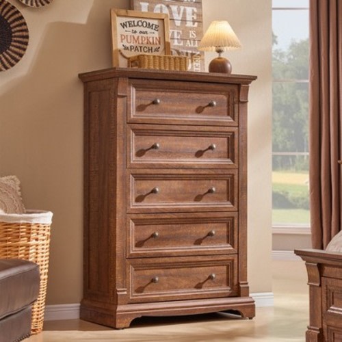 5 Drawer Dresser, 48" Tall Wood Chest of Drawers with Metal Handles, Farmhouse Storage Cabinet for Bedroom, Brown