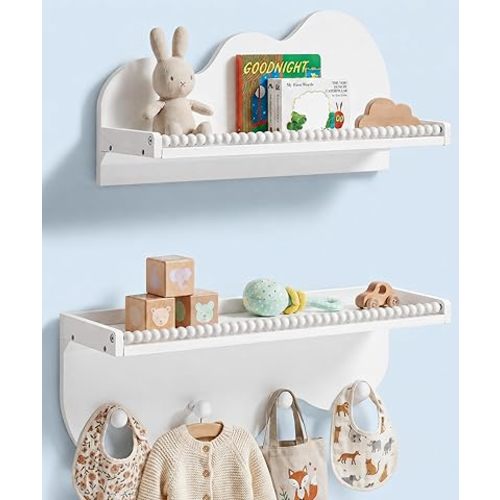 Maxpeuvon Nursery Floating Shelves, Natural Wood Kids Bookshelves Wavy Scalloped Shelf Wall Mount Storage Organizer Wooden Cloud Decor Nursery Kids Room Bedroom Living Room Kitchen, White