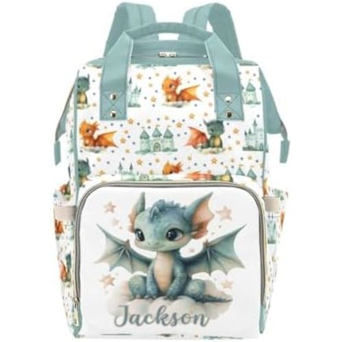 Custom Cute Dragon Diaper Bag Backpack for Baby Boys, Personalized Name Nursing Mommy Daypack, Multi-function Baby Bags New Mom Gifts