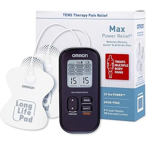 OMRON Max Power Relief TENS Unit Muscle Stimulator for Drug-Free Pain Relief - Portable Electric Massager for Muscles and Joints - Includes 2 Reusable TENS Unit Pads