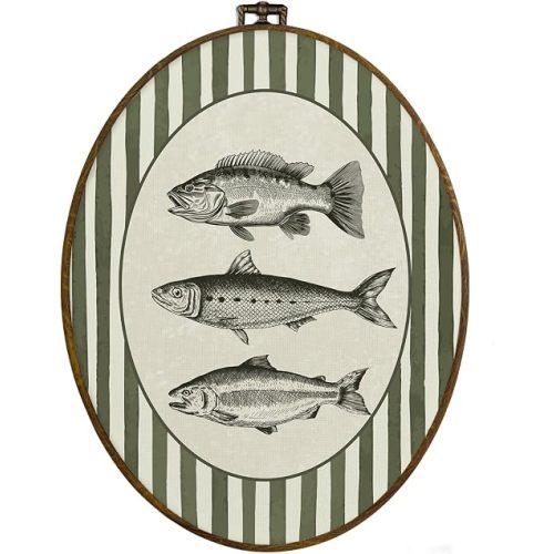 dvhdajed Vintage Fishing Hunting Oval Wall Art Decor, Wood land Cabin Lake Fish Framed Canvas Art, Farmhouse Fish Decorations, Rustic Green Striped Wall Hanging Decor for Boys Room Bedroom, 8.7x11.3