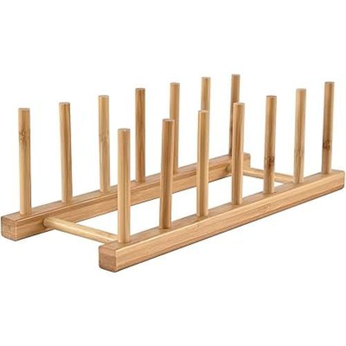 INNERNEED Bamboo Wooden Dish Rack, Vertical Plate & Lid Organizer for Kitchen Cabinet or Countertop, Drying Stand for Dishes, Cutting Boards