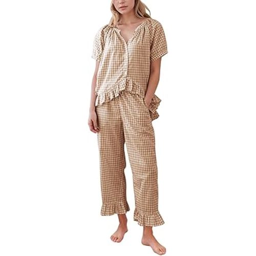 PEHMEA Women's 2 Piece Gingham Pajama Set, Plaid Short Sleeve Babydoll Shirt Ruffle Pants Lounge Pjs Sleepwear