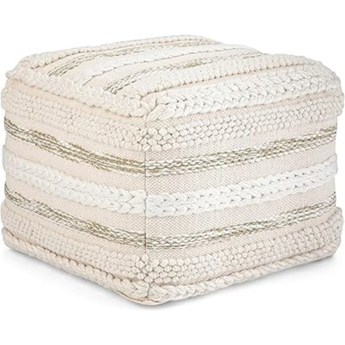 SIMPLIHOME Sommer Square Pouf - 18 inch Wide Upholstered Handloom Woven Cotton Ottoman in Natural, Boho-Style Footstool, Extra Seating or Accent Piece for Living Room or Bedroom, Assembled