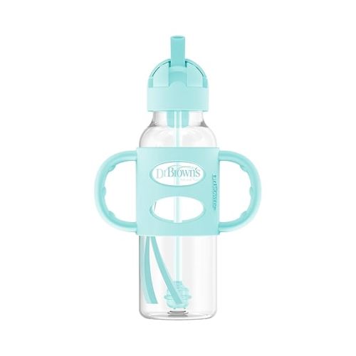 Dr. Brown's Milestones Narrow Sippy Straw Bottle, Spill-Proof with 100% Silicone Handles and Weighted Straw, 8 oz/250 mL, Green, 6m+