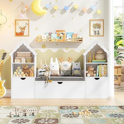 Halitaa Kids Bookshelf Castle Shape Toy Storage Organizer with 3 Movable Drawers and Seat Cushion, Multifunctional Storage Cabinet Bookcase for Playroom, Nursery, Bedroom, White