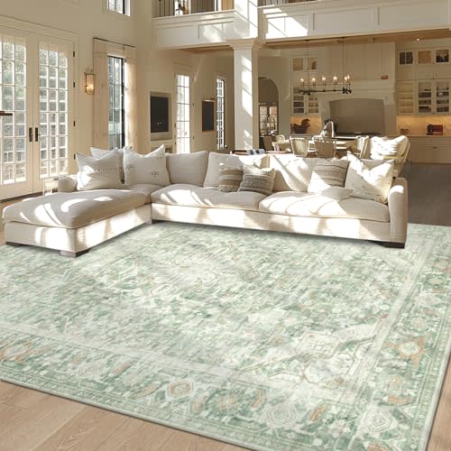 Tosuoka Green 5x7 Area Rugs for Living Room Washable Rug Vintage Carpet | Super Soft Bedroom Rug, Non-Slip Backing, Stain Resistant, Low-Pile, Large Indoor Rug for Dining Room Nursery Home Office