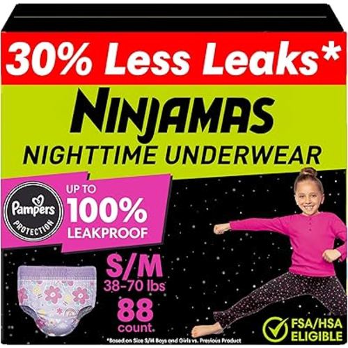 Ninjamas Girls Bedwetting Nighttime Underwear, Size S/M (38-70 lbs), 88 Count, Overnight Protection, Ultra Absorbent, Hypoallergenic
