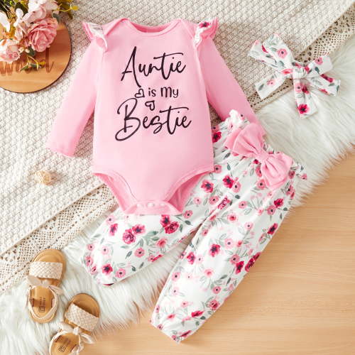 PatPat Baby Clothes for Girls Long Sleeve Ruffle Romper Floral Pants with Cute Headband Pink 9-12 Months