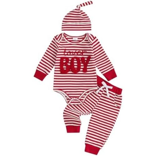 My First Valentines Baby Boy Outfit Lover Boy Long Sleeve Romper Pants Hat Newborn Infant Onesie Clothes Outfits