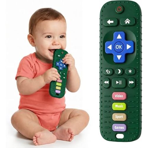 Baby Teething Toys, Remote Control Sensory Teether, Silicone Chew Toy for Teething Relief, BPA-Free Baby Remote Gift for Infants 3-6, 6-12 Months (Dark Green)