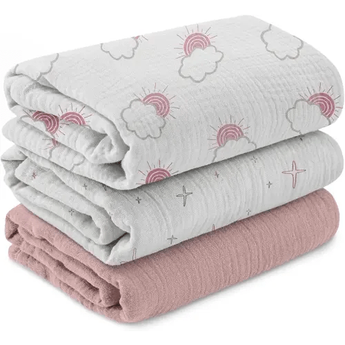 Muslin Swaddle Blankets for Newborn, 3 Pack Breathable Soft Receiving Blanket, Large 38 x 40 inches Swaddle Wrap Burping Clothes Diapers, Essentials Infant Shower Items, Toddler Gift (Clouds & Stars)