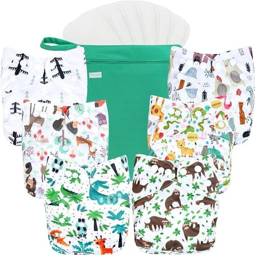 wegreeco Cloth Diapers 6 Pack with 6 Inserts & 1 Wet Bag, Washable Cloth Diapers for Babies, One Size Adjustable Reusable (Forest, Animals)