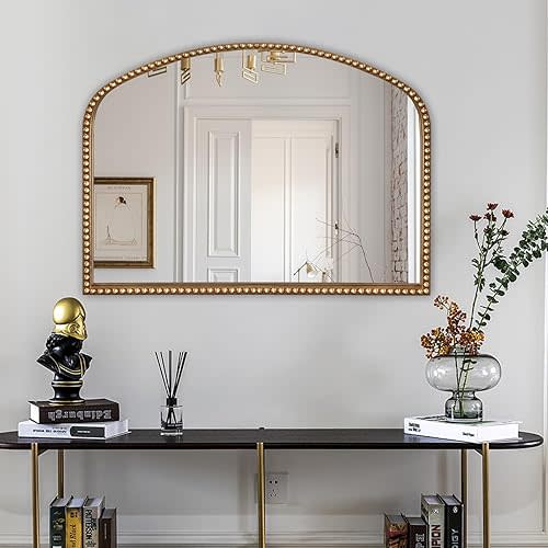 Vanity Mirror for Bedroom, 35" x 28" Large Arch Vintage Gold Wall Mirror, Beaded Frame Decorative Accent Mirrors for Washroom, Living Room, Entryway, Bathroom, Fireplace