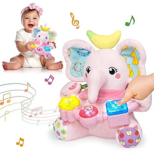 Ryotagift Baby Bilingual Musical Elephant Stuffed Animals Toys, Infant Early Learning Toy with Light-Up Music & Crinkle, Tummy Time Toys for 0 3 6 9 12+ Months for Baby Boy Girl Gift, Pink