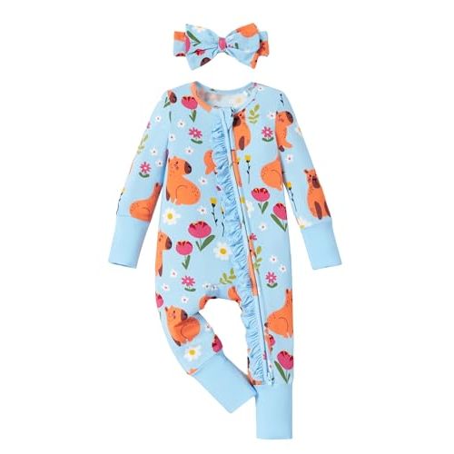 PATPAT Baby Girl Boy Footie Clothes, Soft Viscose from Bamboo, 2-Way Ruffled Zipper, Fold-Over Mittens & Cuffs with Headband