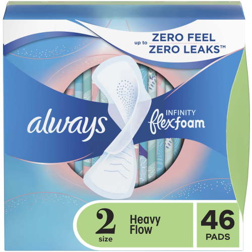 Always Infinity Feminine Pads for Women with Wings, Size 2 Heavy, Unscented, 46 Count HSA/FSA Eligible