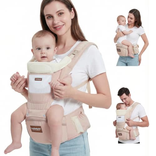 Baby Carrier with Hip Seat, 6-in-1 Newborn to Toddler, Khaki | Detachable hip seat; adjustable shoulder straps; wide waistbelt; M-shaped seat; breathable fabric; all seasons