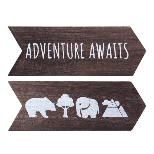 Yellow Lotus Adventure Awaits Nursery Wall Decor, Set of 2 – 14"x5" Wooden Woodland Animal Signs, Safari Theme Gender Neutral Baby Room Decoration