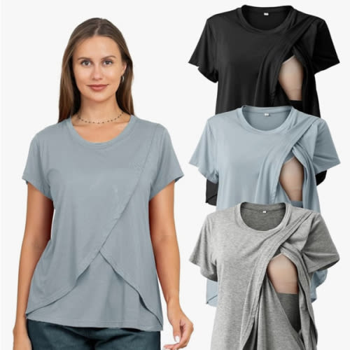 Rnxrbb 3 Pack Women's Nursing Tops for Breastfeeding Summer Short Sleeve T Shirts Postpartum Double Layer Clothes