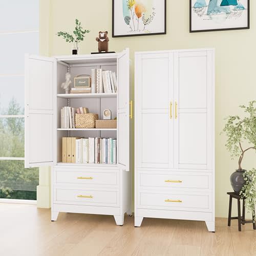 erosoei 71" H Metal Pantry Storage Cabinet,Office File Cabinets with 2 Drawers and Shelves, Kitchen Cupboard Storage Cabinet for Bedroom and Dinning Room(White)