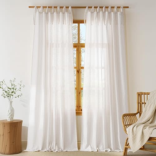 NICETOWN Thick Linen Tie Top Curtains 96 inches Long, Light Filtering Drapes Adjustable DIY Crafted Privacy Window Treatments for Bedroom/Kids Room, Cream, W52 x L96, 2 Panels