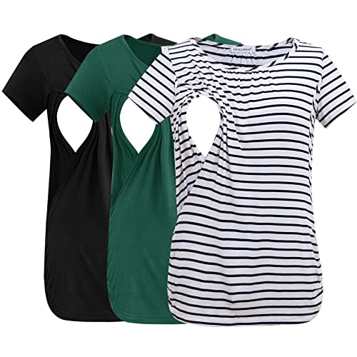 Smallshow Women's Nursing Tops Ruched Short Sleeve Breastfeeding Shirts 3-Pack