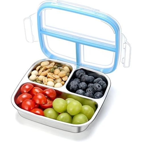 Stainless Steel Snack Containers, 3 Compartments Reusable on and go Bento Box with Lids for Kids, Lunch Box Pre Meal Storage for School Office Outdoor Camping Travel - Blue